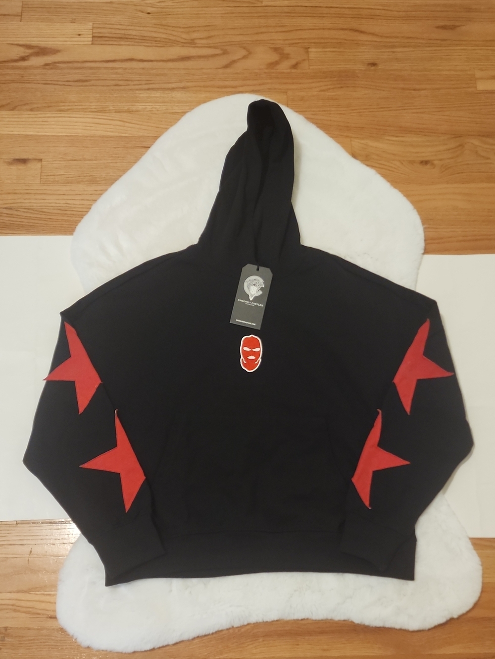 Crooks & Castles Black Crewneck Hoodie with Red Star Sleeve Accents